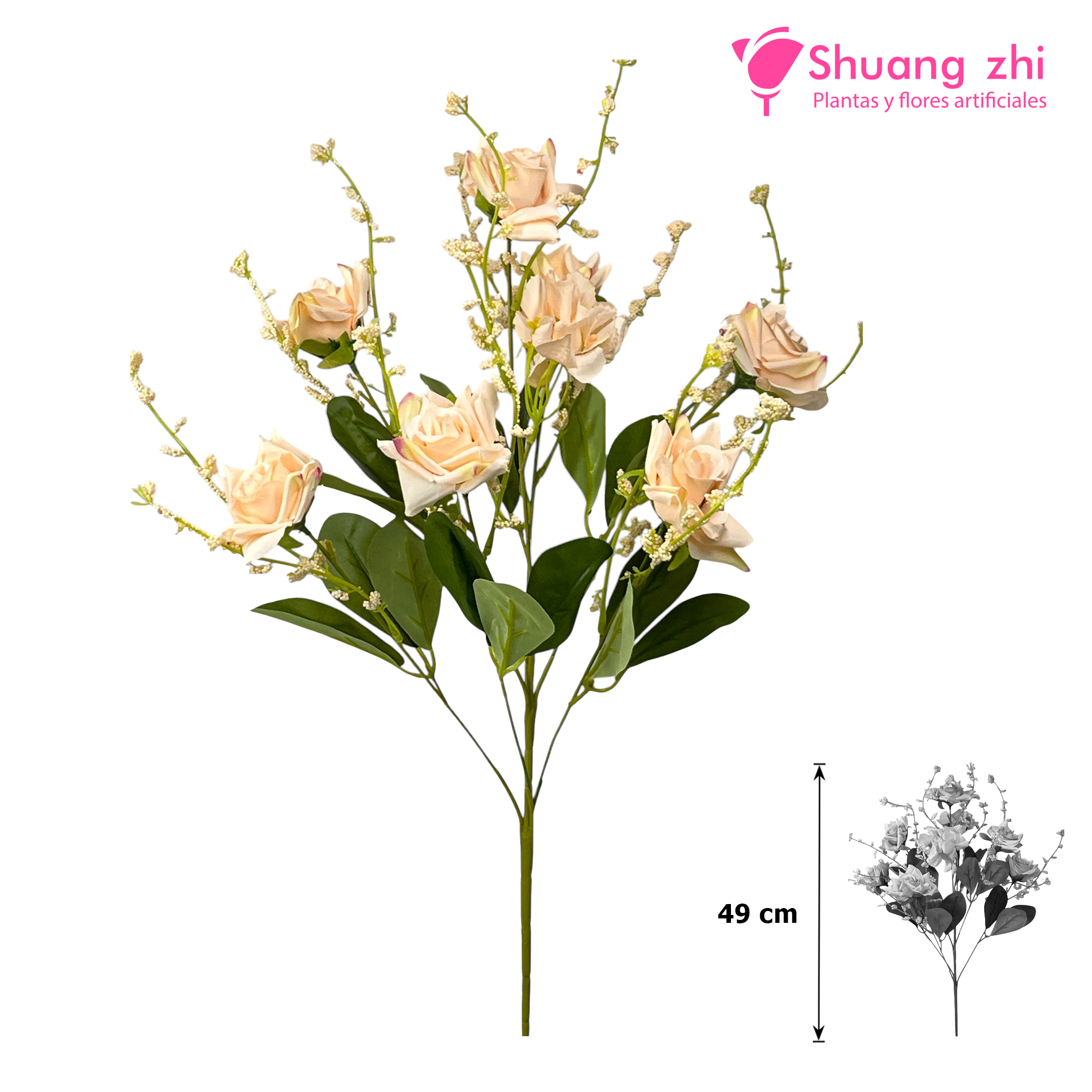 Ramo 49cm 8 cabezas de Rosas Color Champan?1787627301