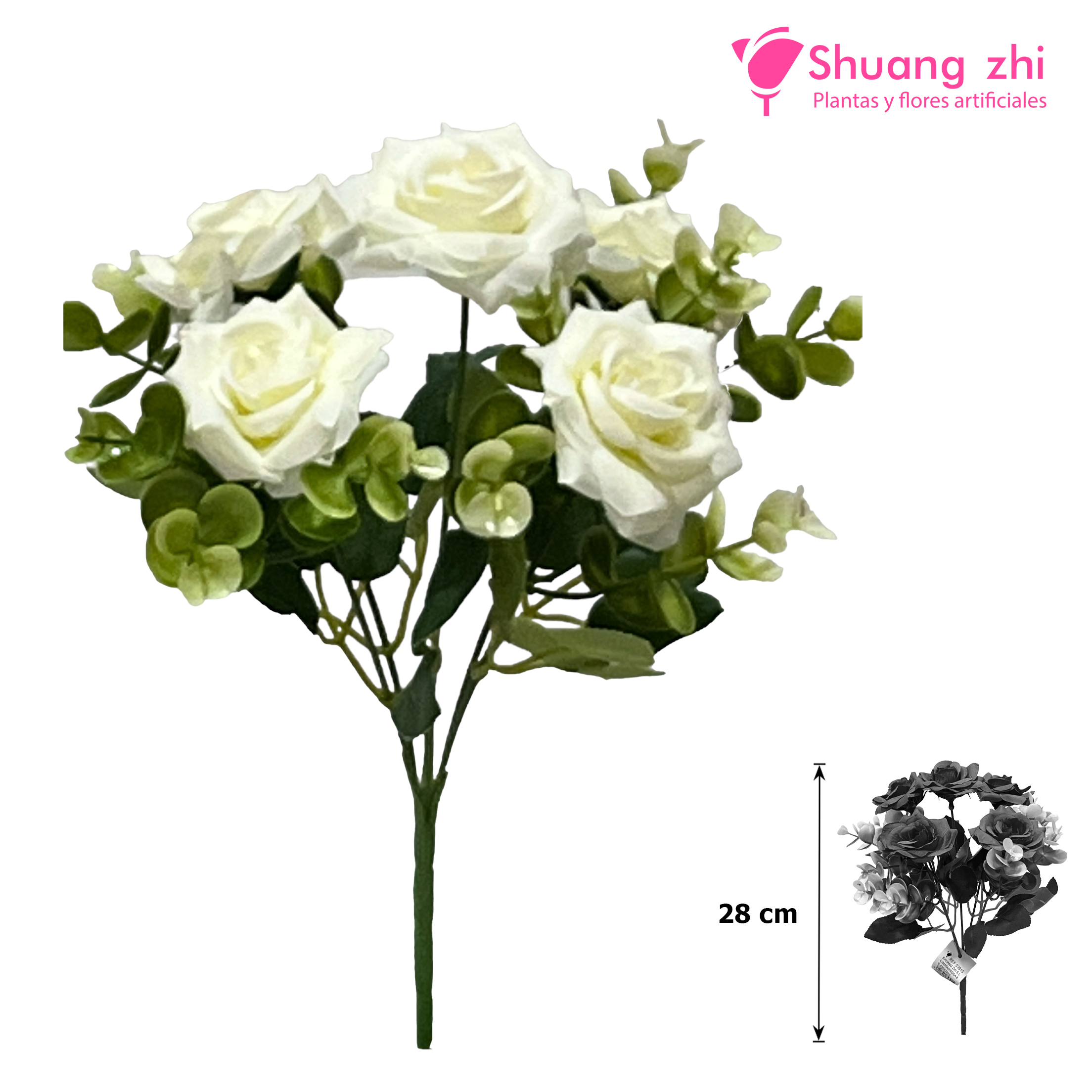Flor Mini complemento eucalipto 28 CM / 5 cabezas Color Beige?1787592215