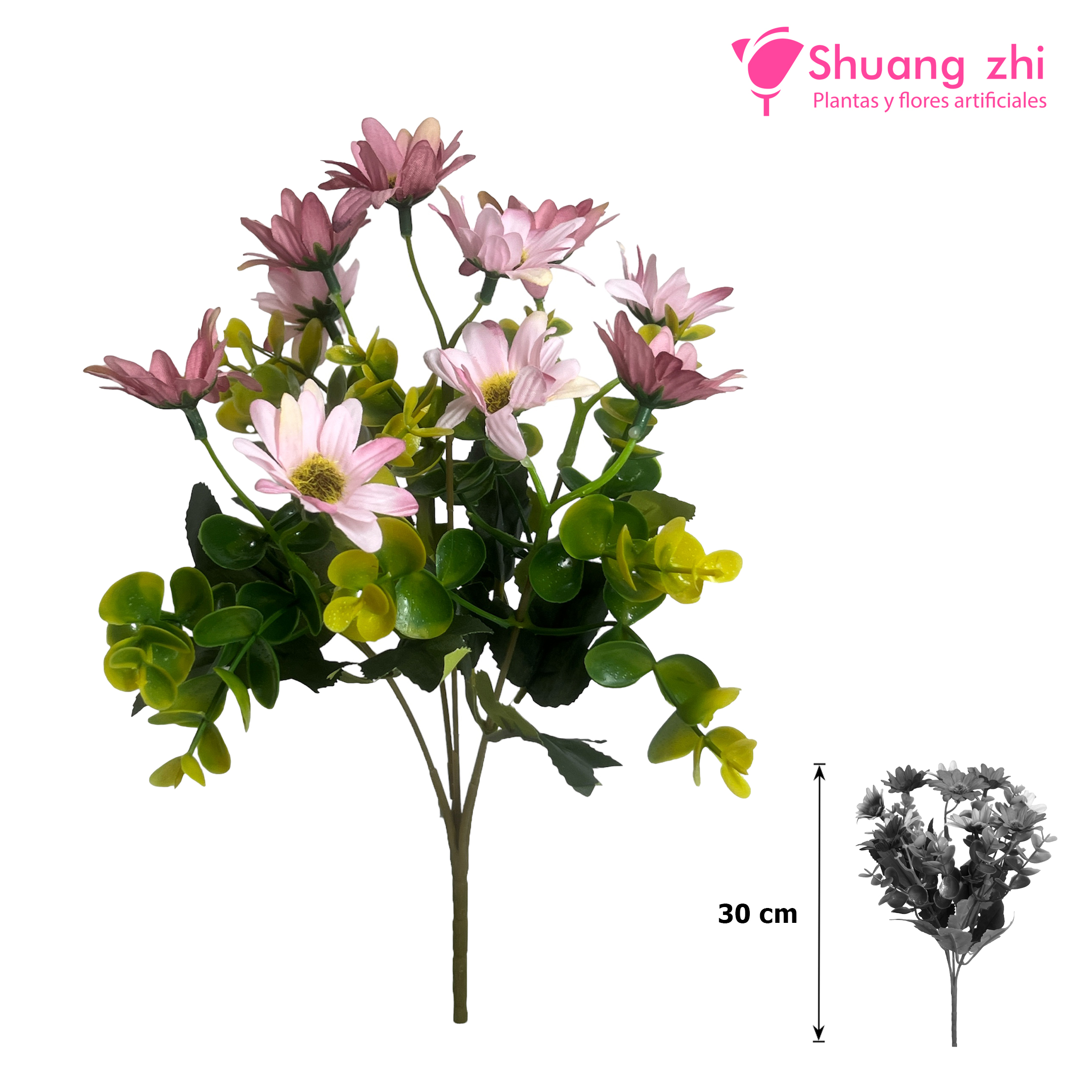 Flor Mini Margaritas 5 Ramas Eucalipto 30CM Color Rosa?1787640687