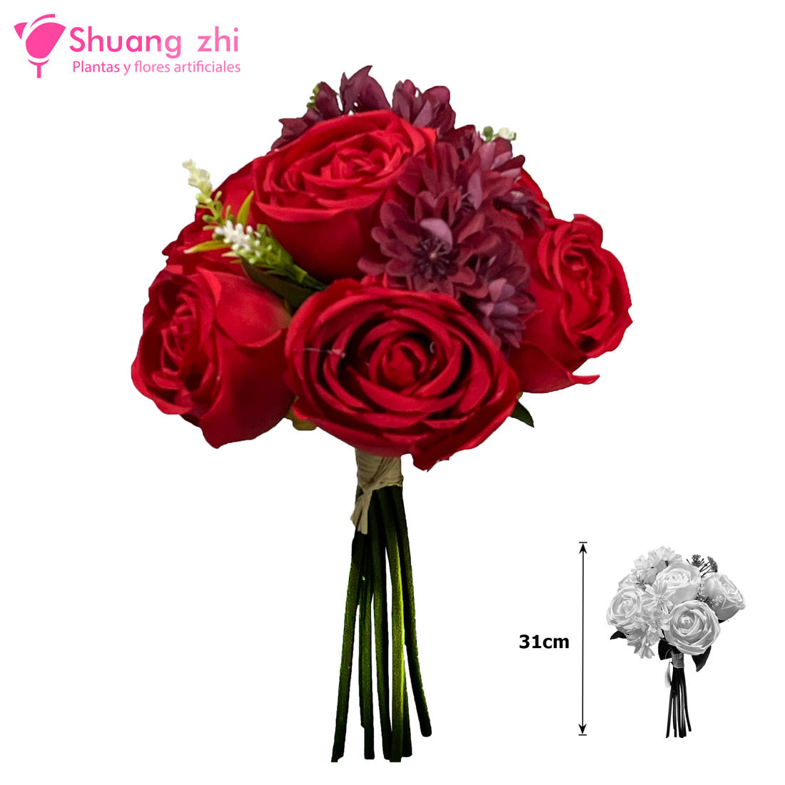 Flor Ramo Novia 31CM 10 Cabezas Color Rojo?1787610237