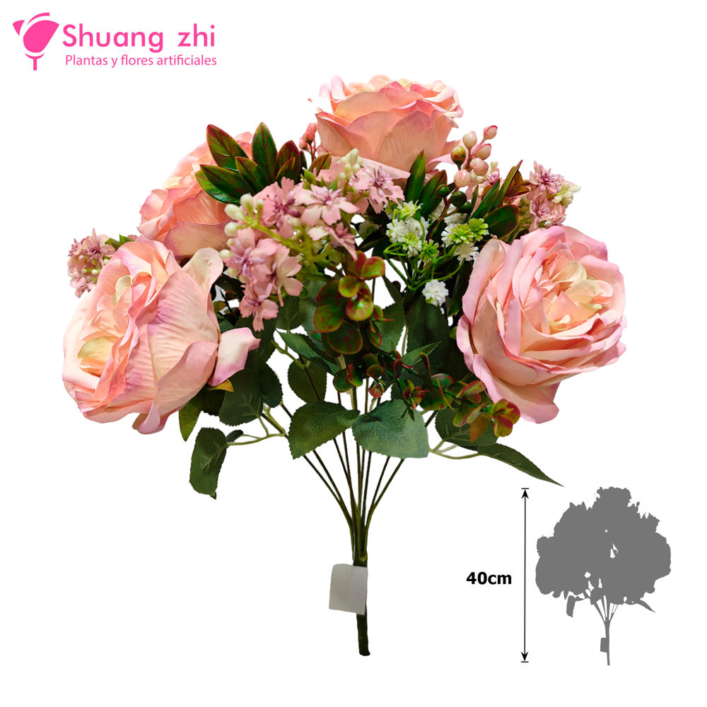Flor Ramo Bouquet de 9 Ramas 4 Cabezas 40CM Alto Color Rosa?1787597851