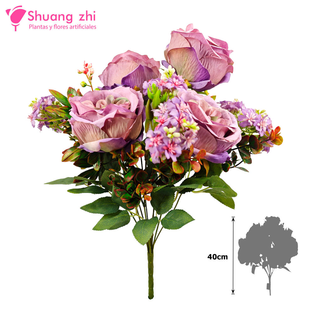Flor Ramo Bouquet de 9 Ramas 4 Cabezas 40CM Alto Color Lila?1787601940