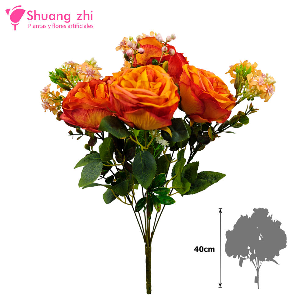 Flor Ramo Bouquet de 9 Ramas 4 Cabezas 40CM Alto Color Naranja?1787601942