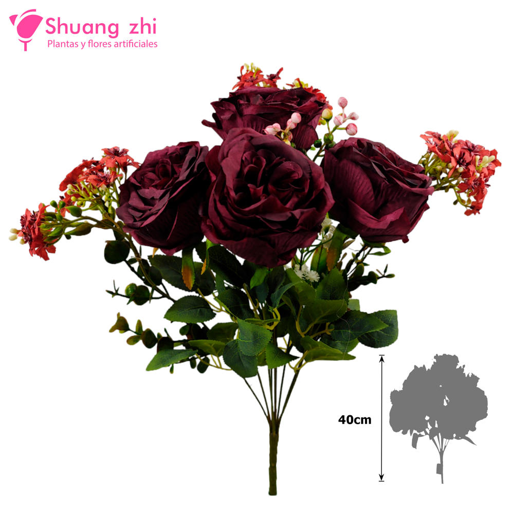 Flor Ramo Bouquet de 9 Ramas 4 Cabezas 40CM Alto Color Morado?1787597881