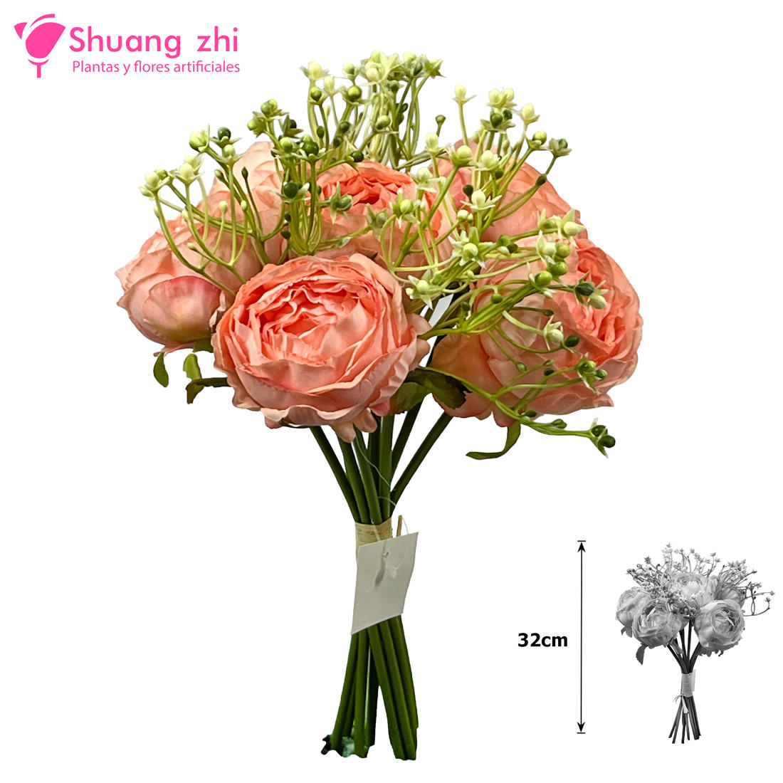 Flor Ramo Novia 32CM 10 Cabezas Color Salmon?1787610255