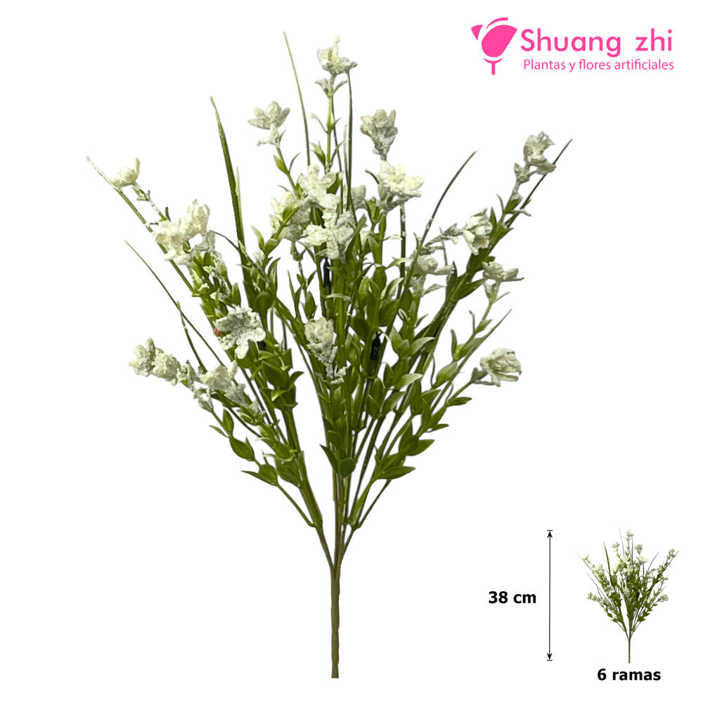 Flor Ramo Verde 38CM 6 Ramas con Polvo Blanco?1787613888