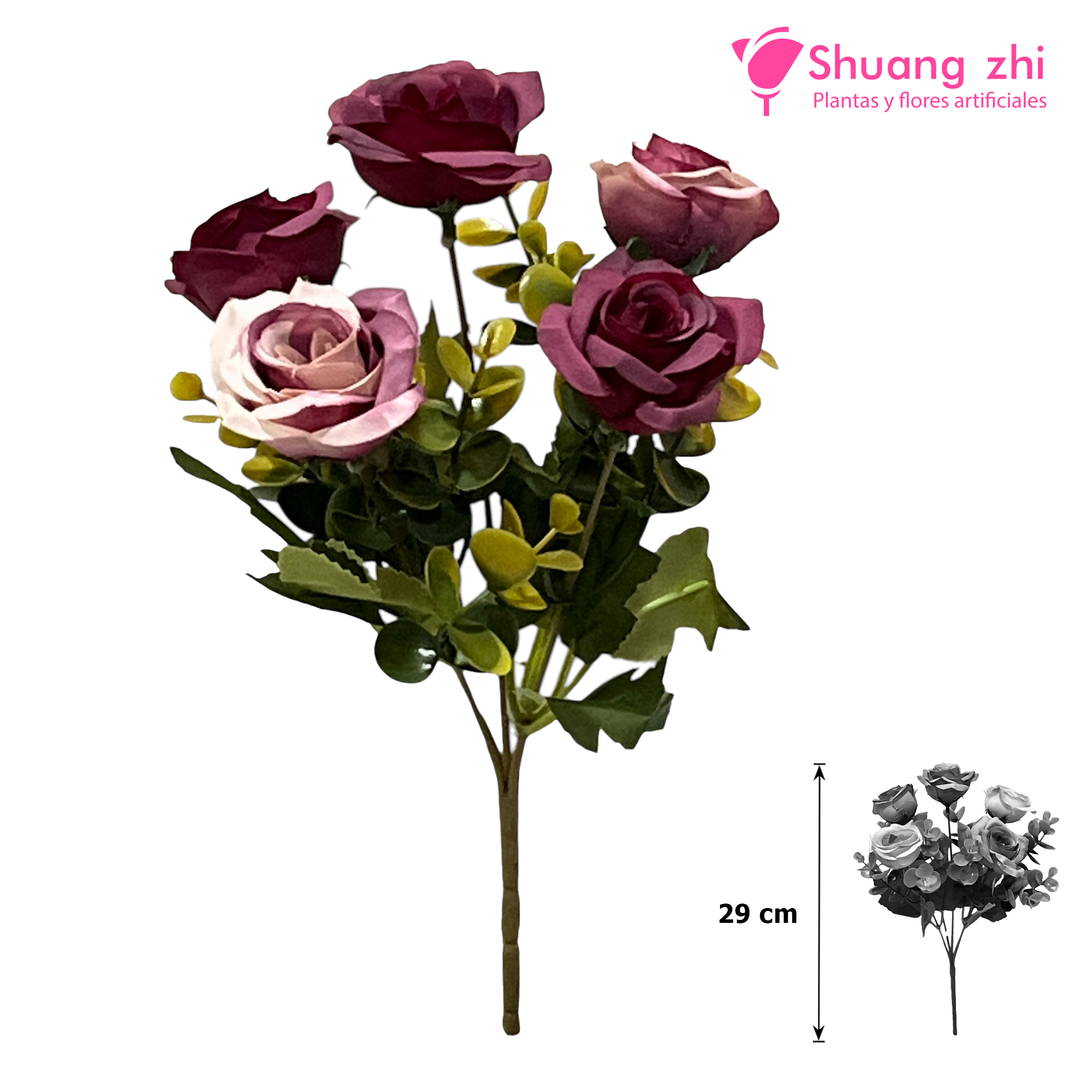 Flor mini Rosa con Eucalipto 29CM Color Lila Rosa?1787622474
