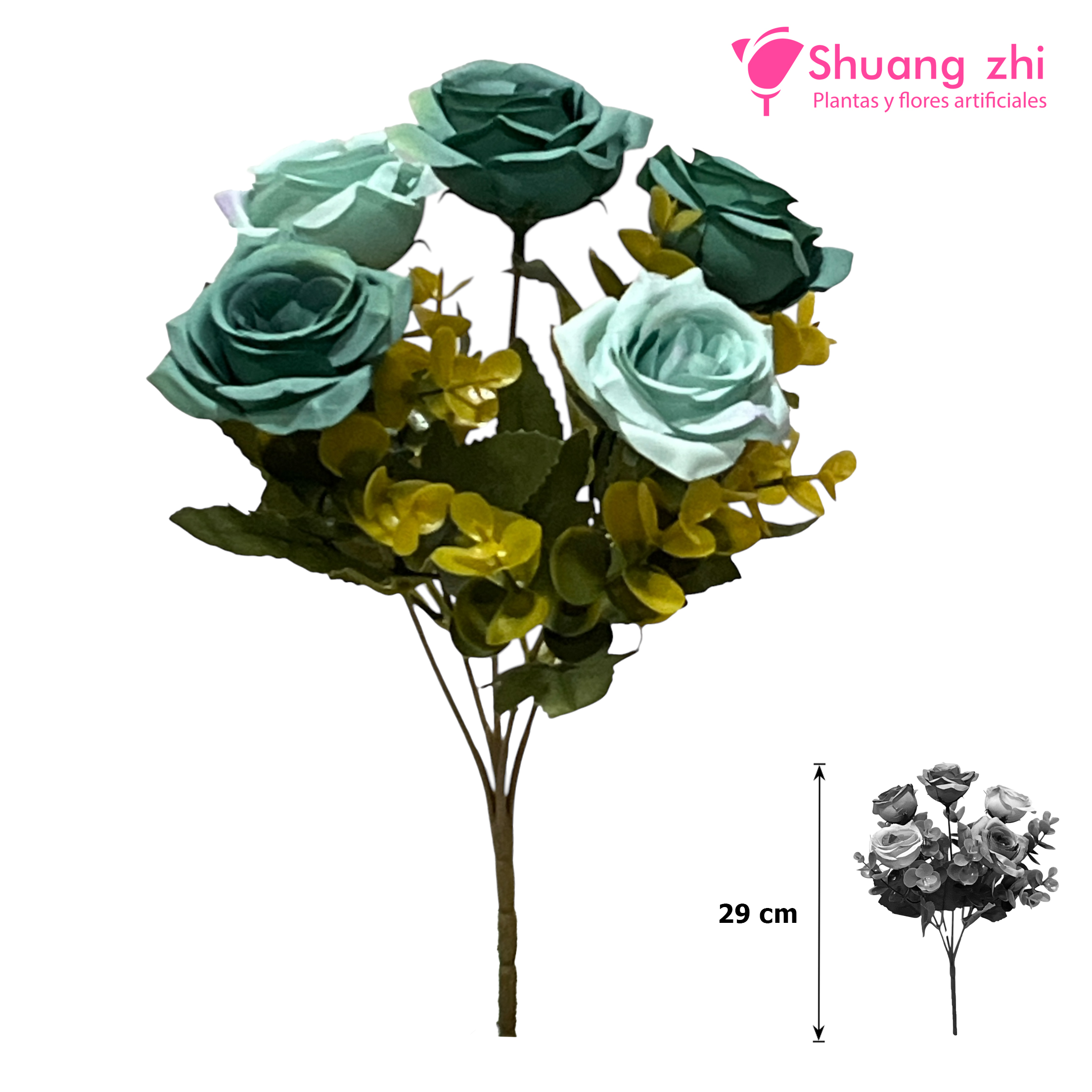 Flor mini Rosa con Eucalipto 29CM Color Azul?1787622023