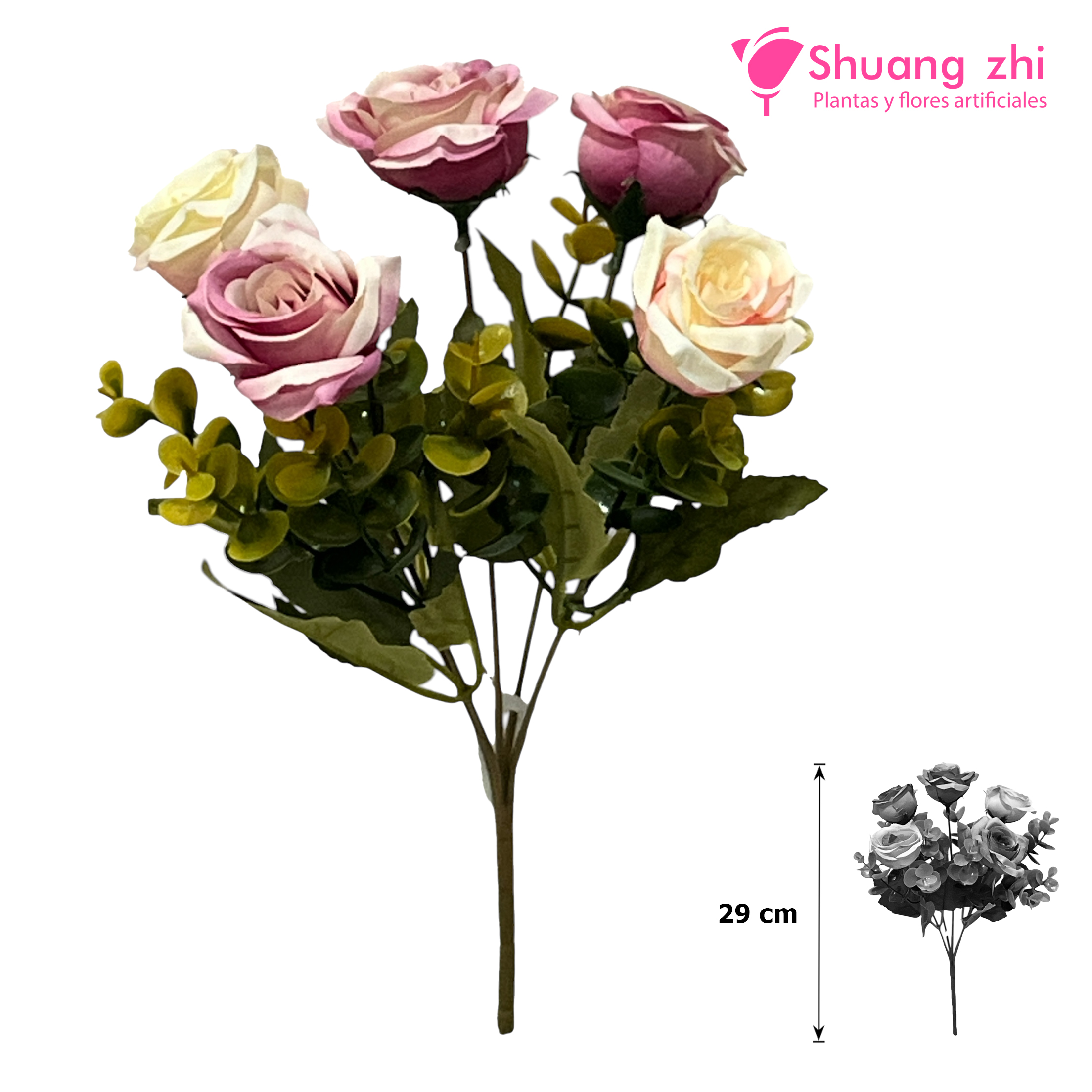 Flor mini Rosa con Eucalipto 29CM Color Lila Beige?1787627377
