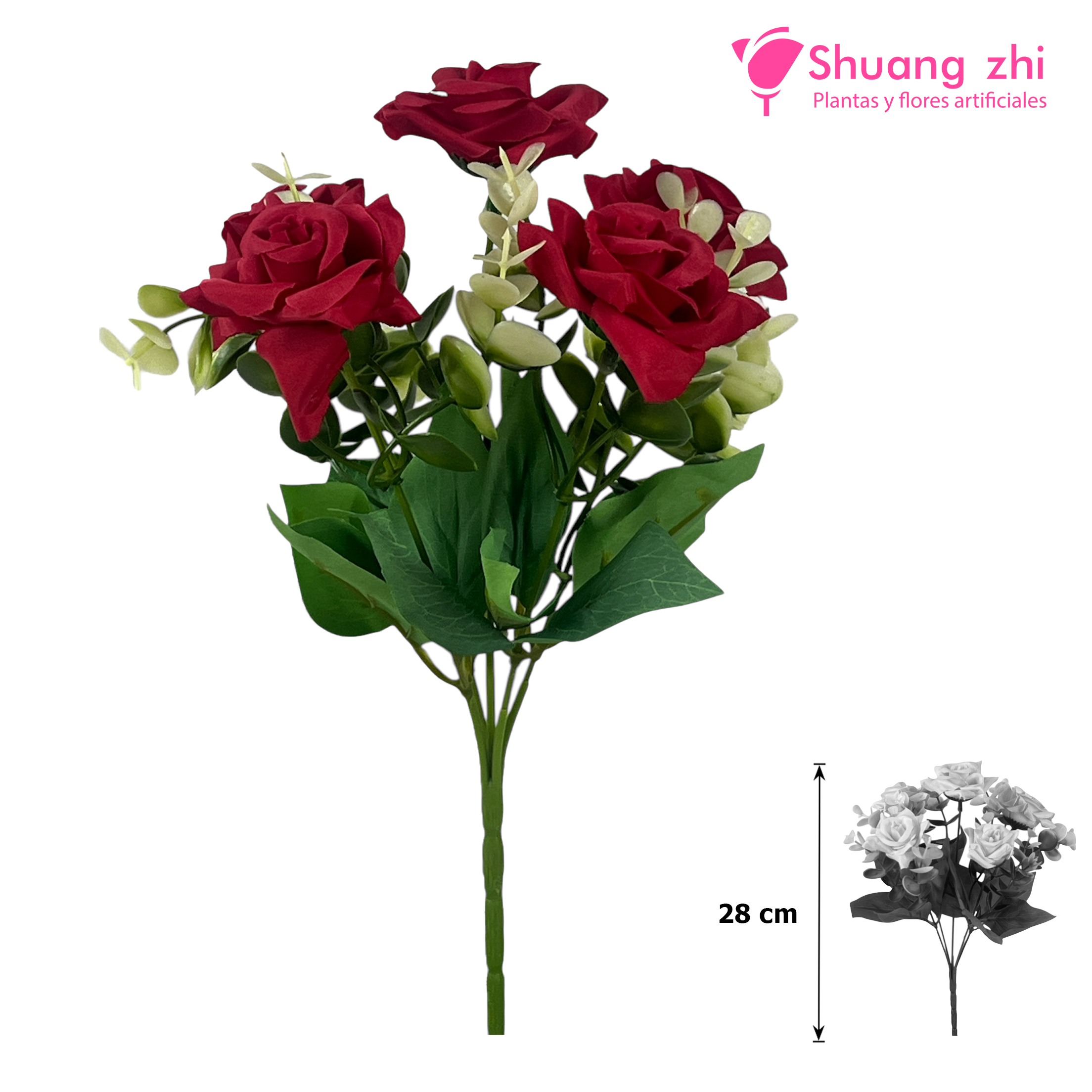 Flor mini Rosa con Eucalipto 28CM Color Rojo?1787707118