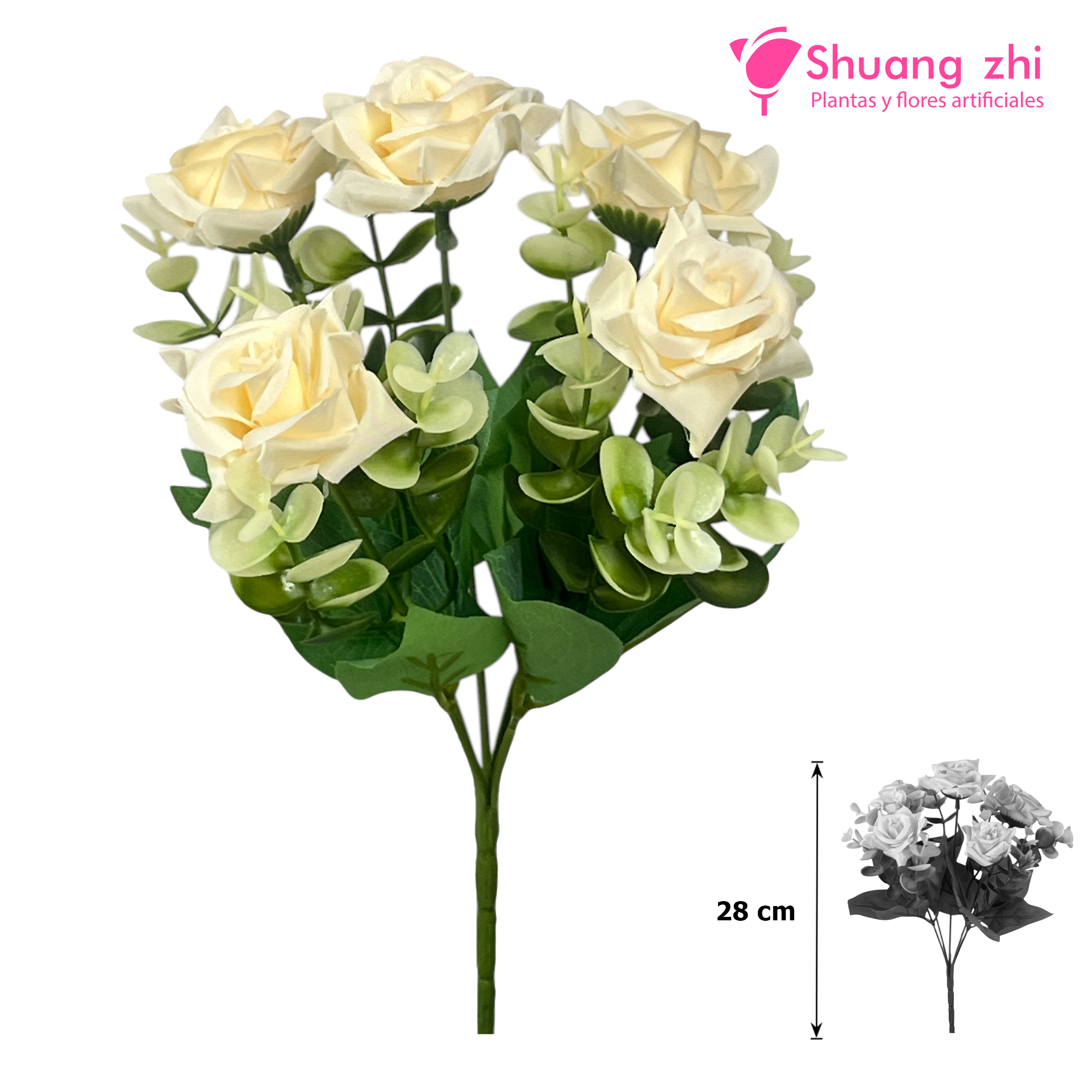 Flor mini Rosa con Eucalipto 28CM Color Beige?1787617758
