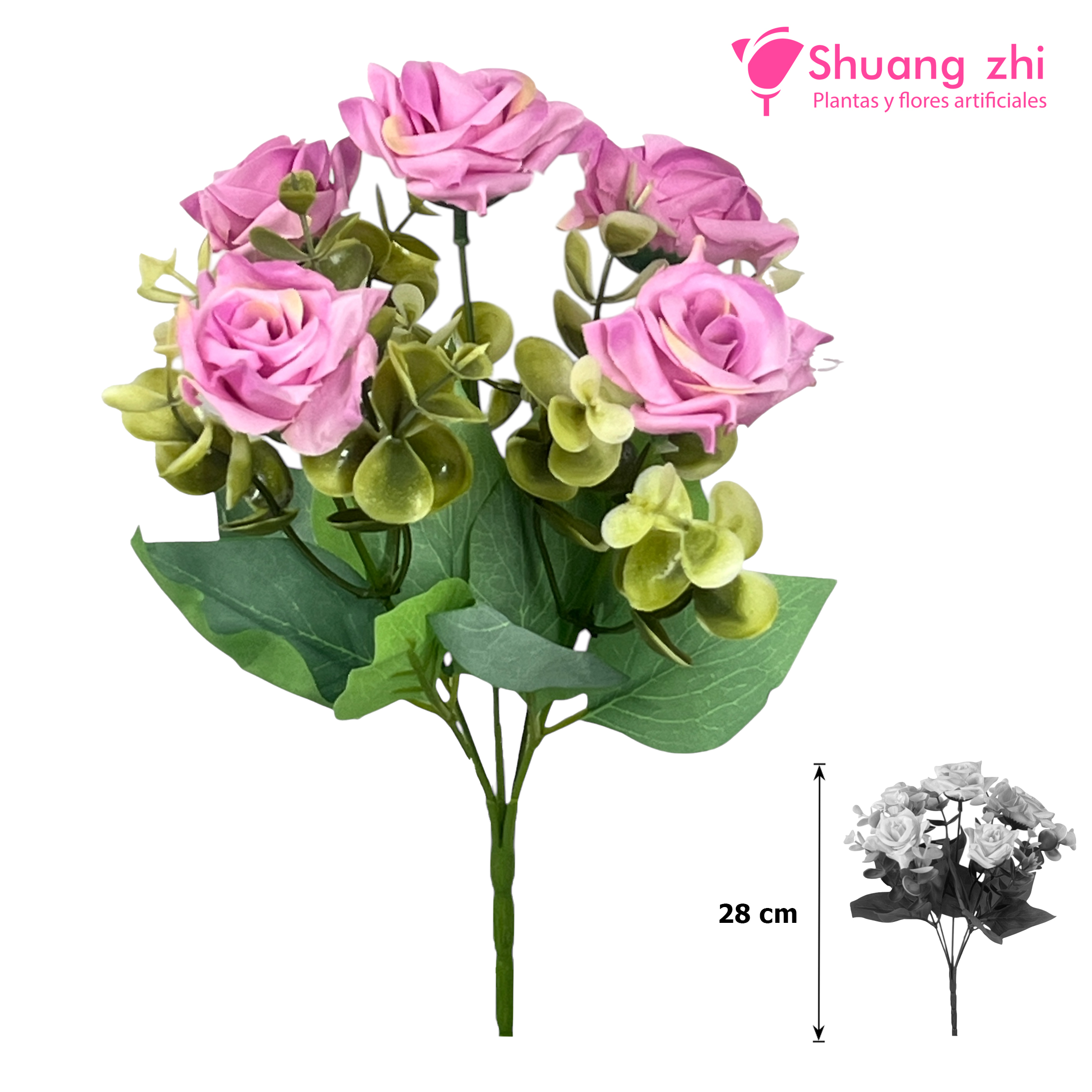 Flor mini Rosa con Eucalipto 28CM Color Rosa?1787613597