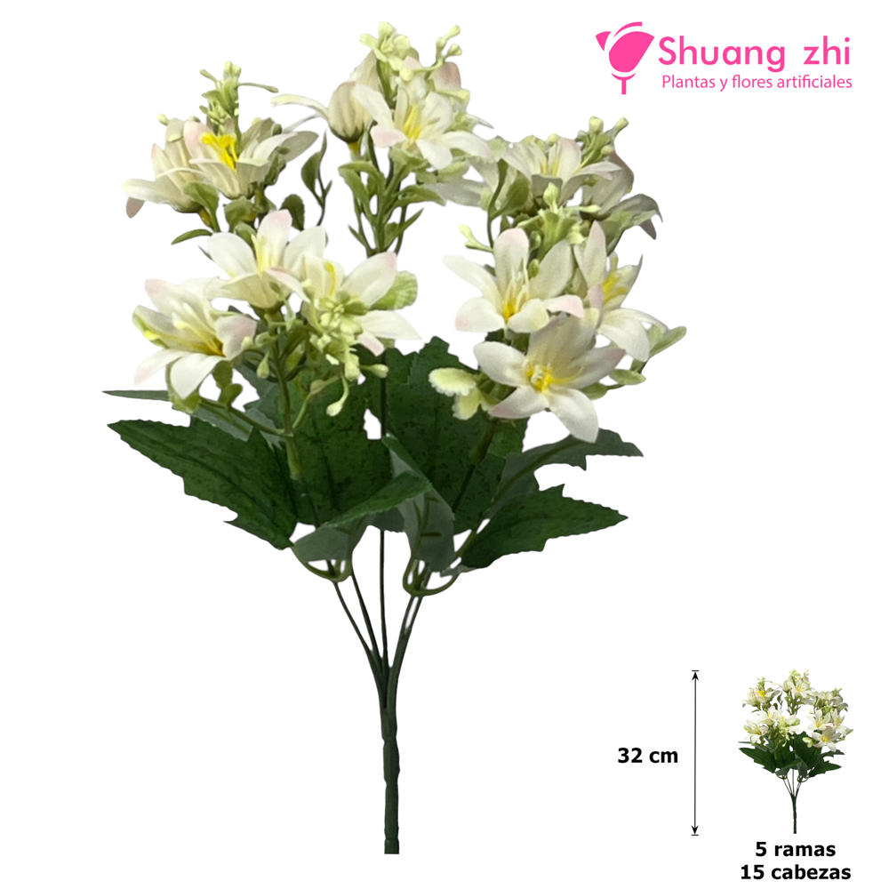 Flor mini 32CM 5 Ramas 15 Cabezas Color Blanco/Rosa?1787627386
