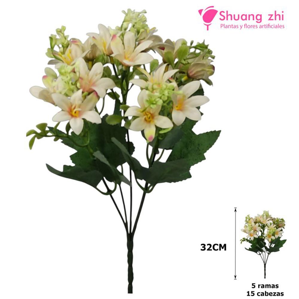 Flor mini 32CM 5 Ramas 15 Cabezas Color Beige?1791543607