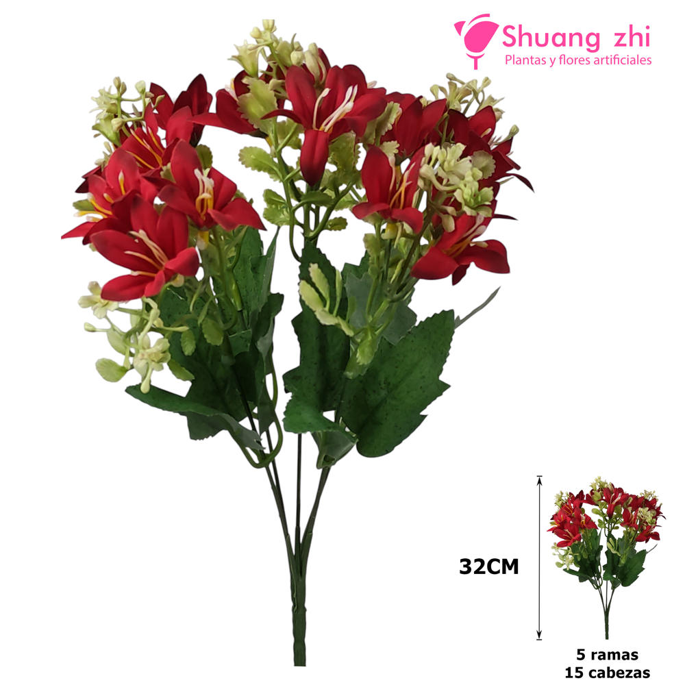 Flor mini 32CM 5 Ramas 15 Cabezas Color Rojo?1791540936