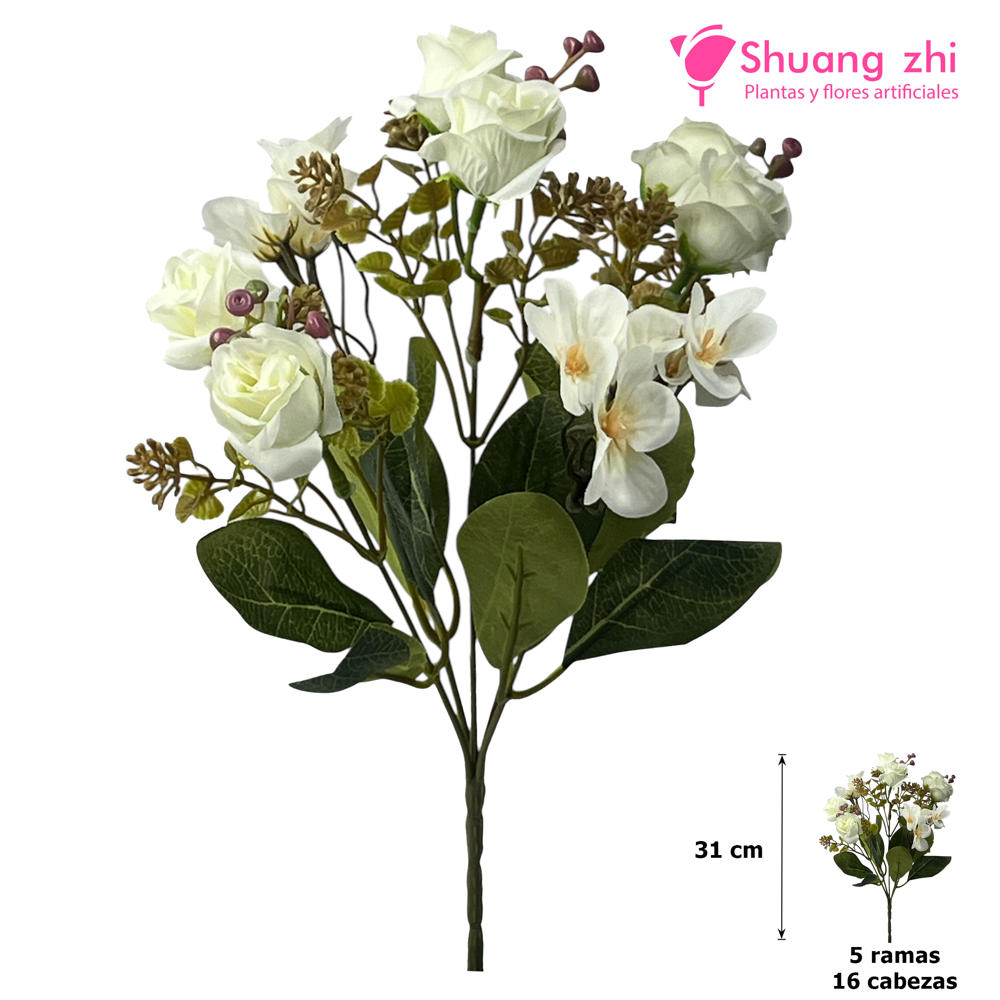 Flor mini 31CM 5 Ramas 16 Cabezas Color Blanco?1787635950
