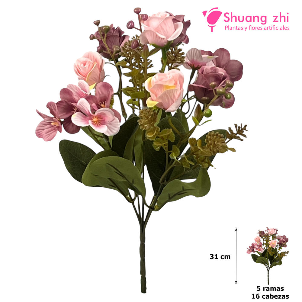 Flor mini 31CM 5 Ramas 16 Cabezas Color Rosa/Lila?1787622520