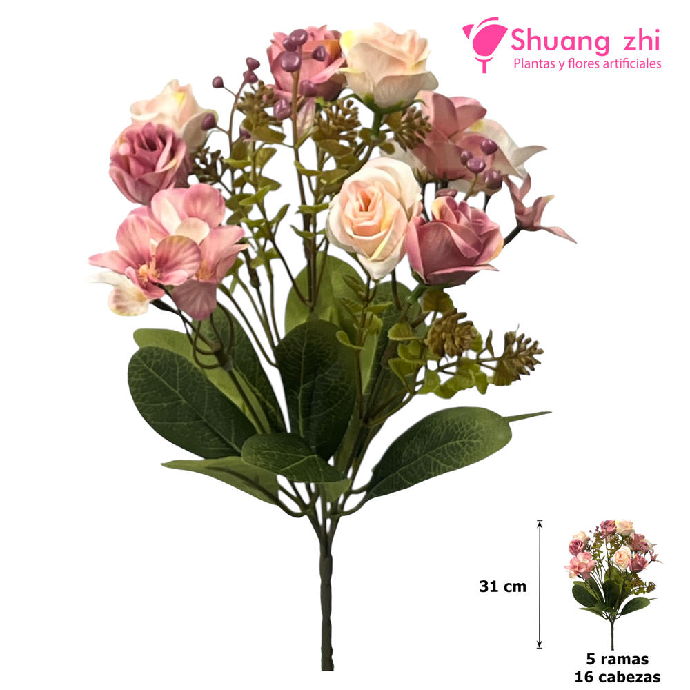 Flor mini 31CM 5 Ramas 16 Cabezas Color Rosa/Champan?1787632216