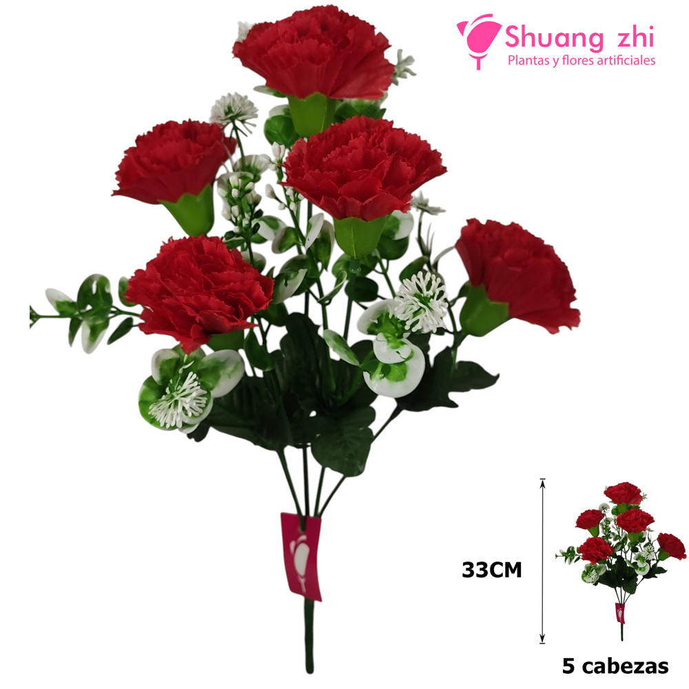 Flor mini clavel 33CM 5 cabezas color Rojo?1791540930