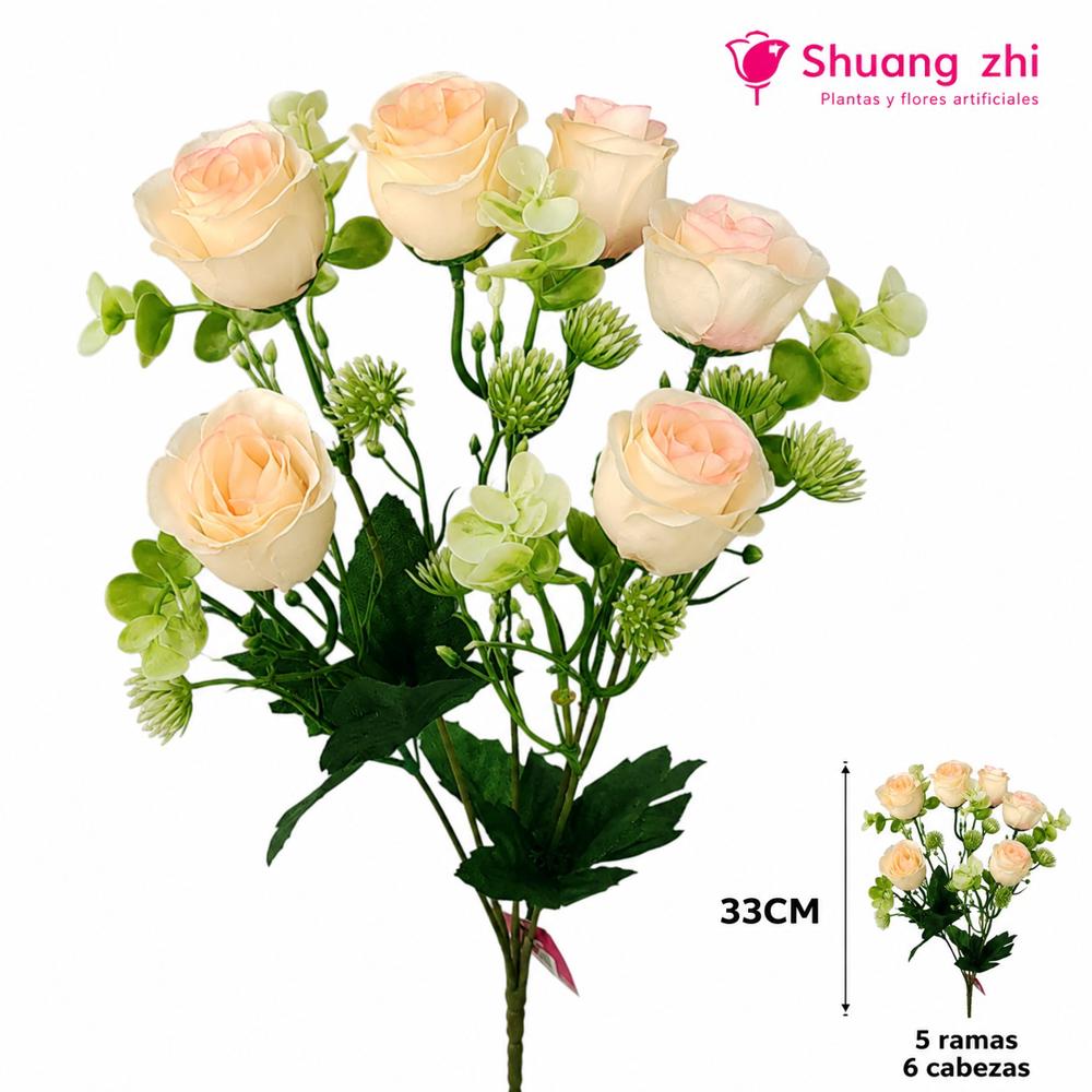 Flor mini rosa 33CM 5 Ramas 6 Flores Color Champan?1791550137