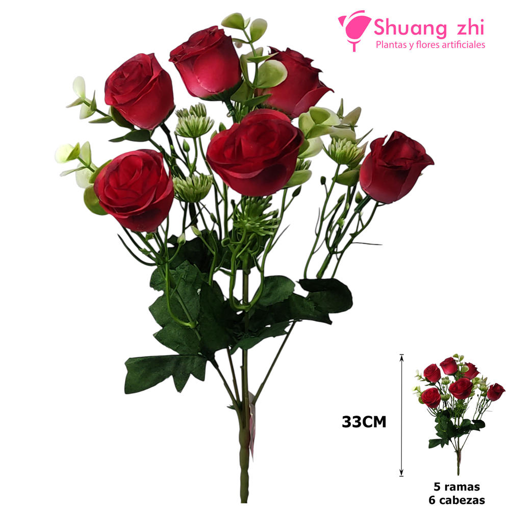 Flor mini rosa 33CM 5 Ramas 6 Flores Color Rojo?1791546942