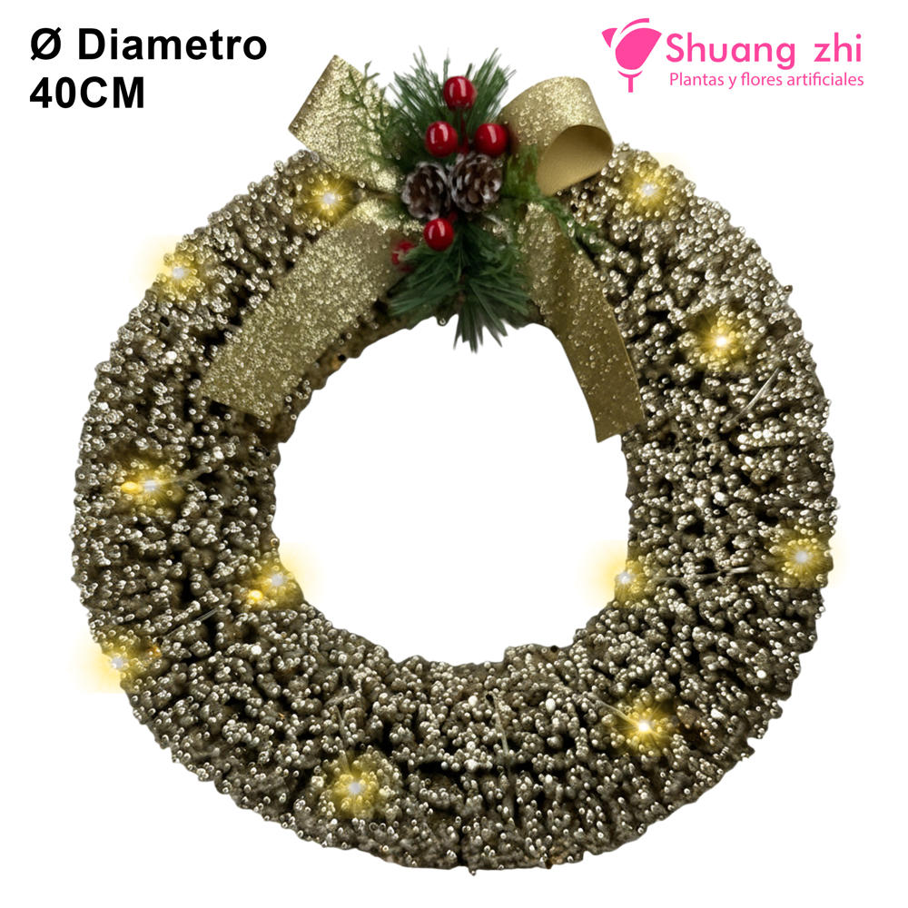 Corona Navideña Dorada con Luces LED y Lazo Decorativo – 40 cm?1787602009
