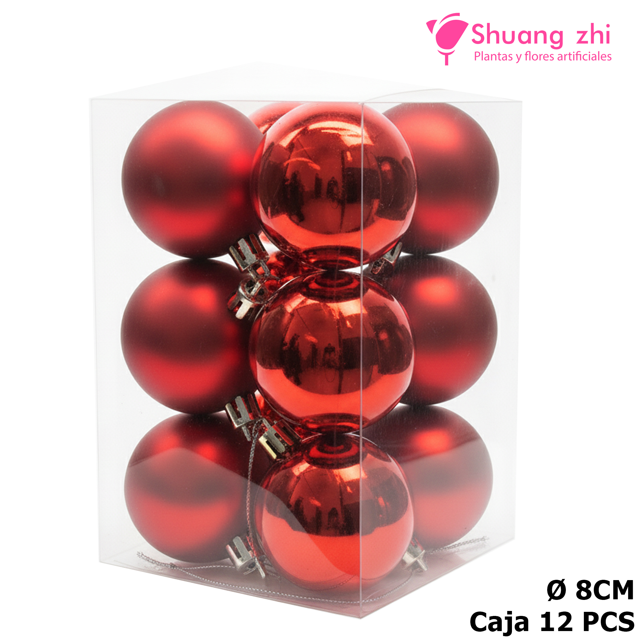 Caja bolas navidad 8CM 12PCS Brillo/Mate Color Rojo?1787609385