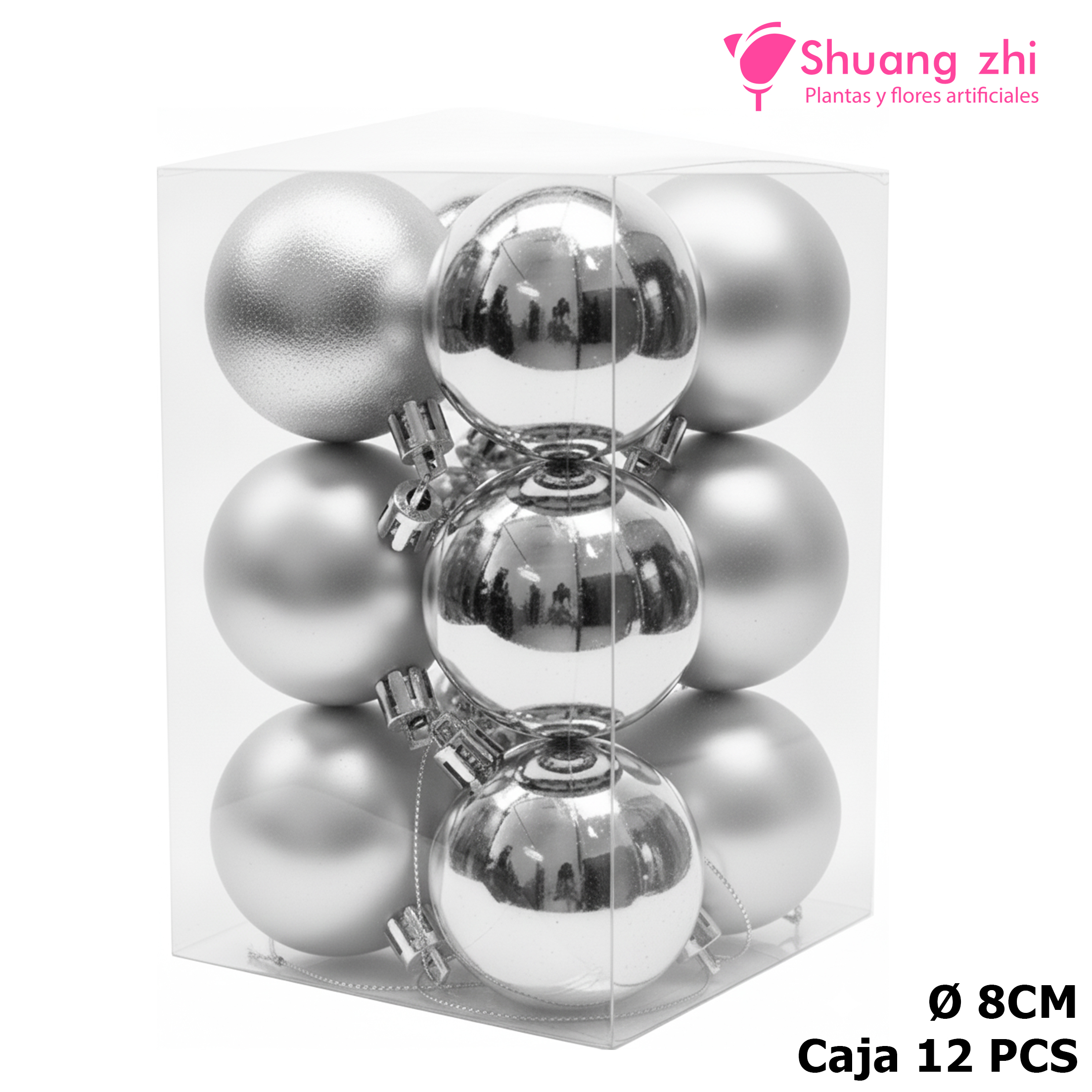 Caja bolas navidad 8CM 12PCS Brillo/Mate Color Plata?1787609436