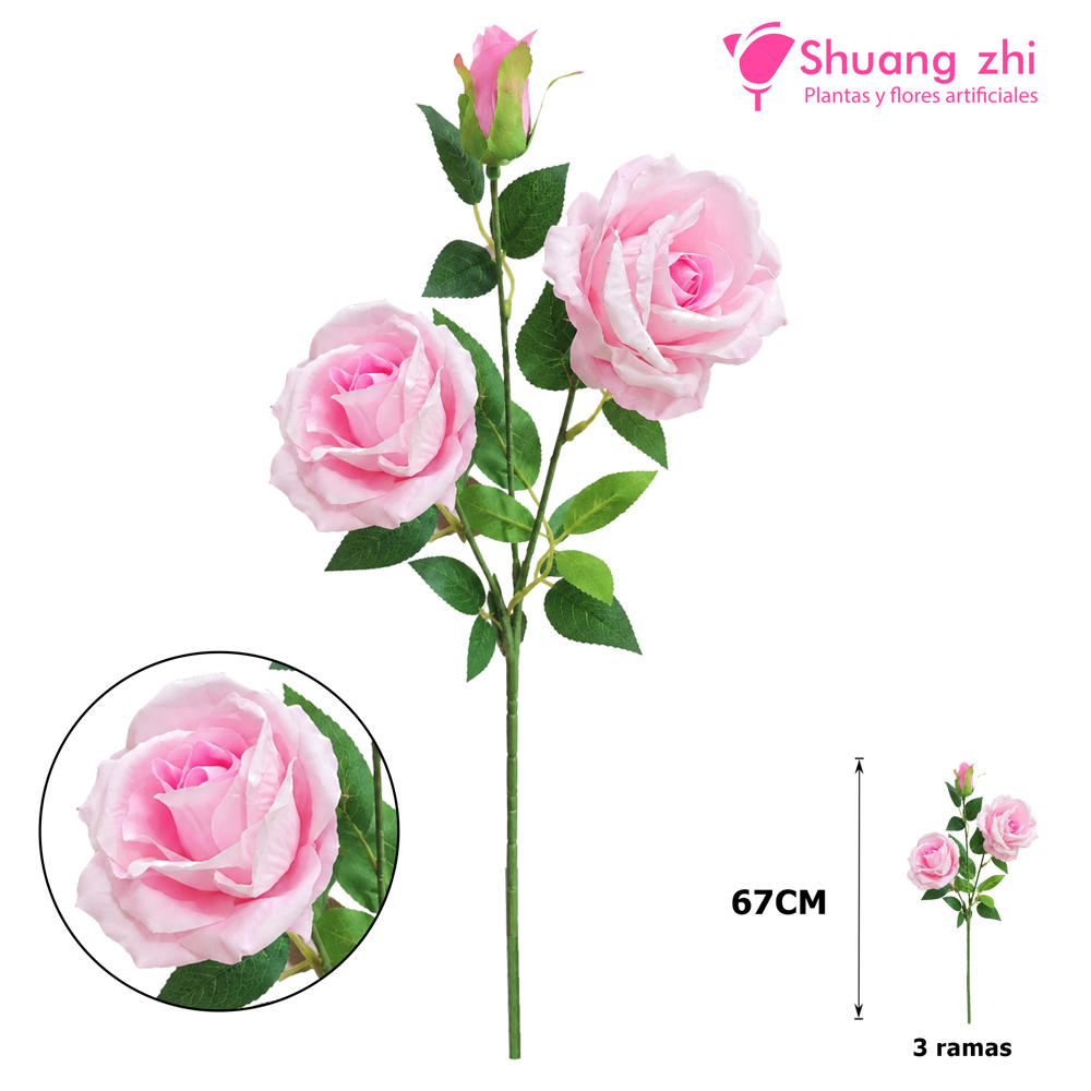 Flor rosa larga 67CM 3 cabezas Rosa?1791635299