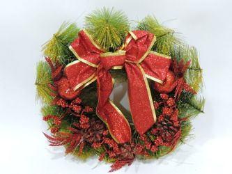 Corona de navidad con bolas de navidad y lazos color rojo 35cm diametro