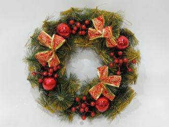 Corona de navidad con lazos y bolas de navidad color rojo 35cm de diametro