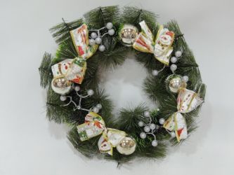Corona de navidad con lazos y bolas de navidad color plata 35cm de diametro