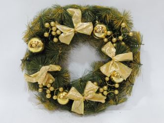 Corona de navidad con lazos y bolas de navidad color dorado 35cm de diametro