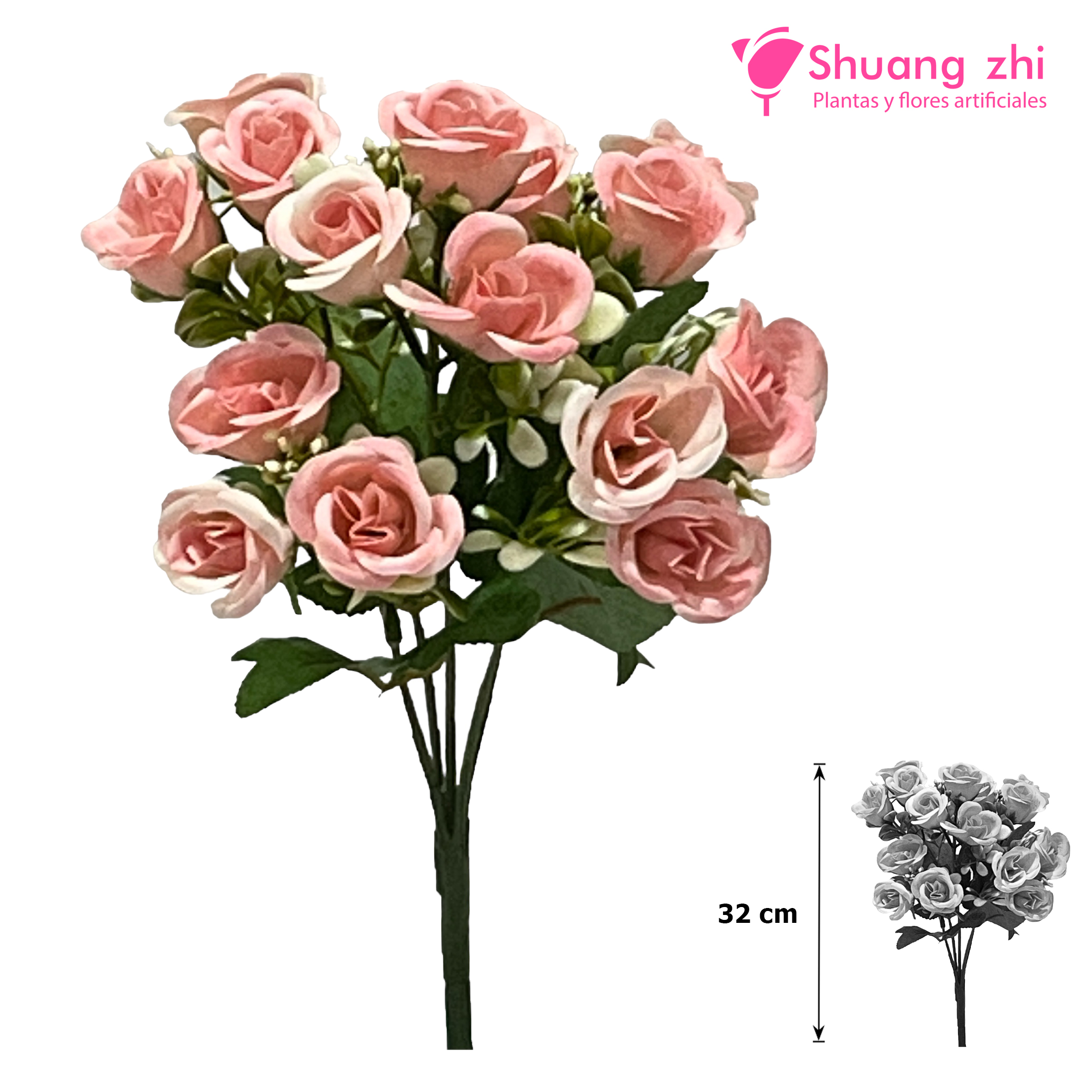 Flor Mini complemento eucalipto 31 CM / 15 cabezas Color Rosa