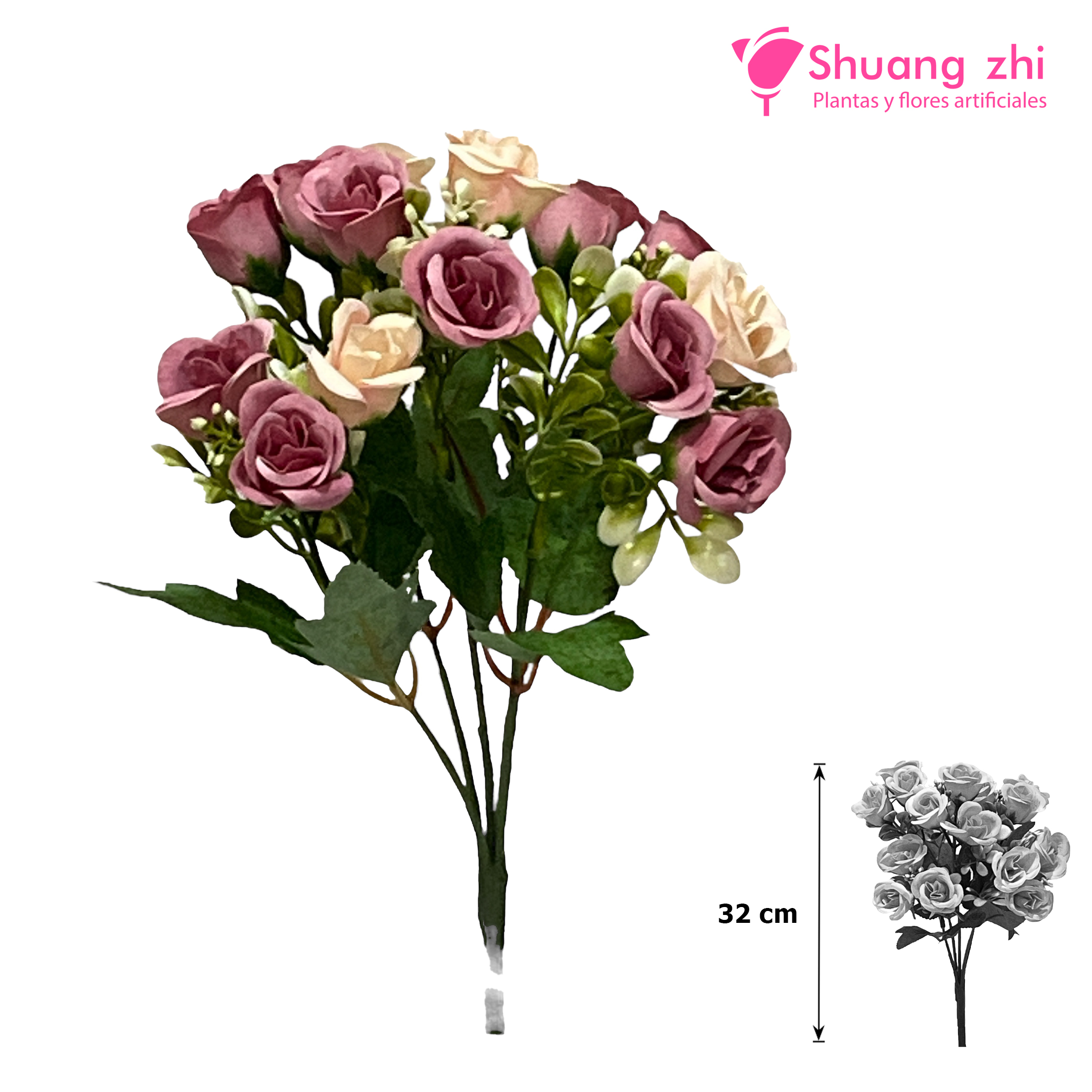 Flor Mini complemento eucalipto 31 CM / 15 cabezas Color Lila/Champan