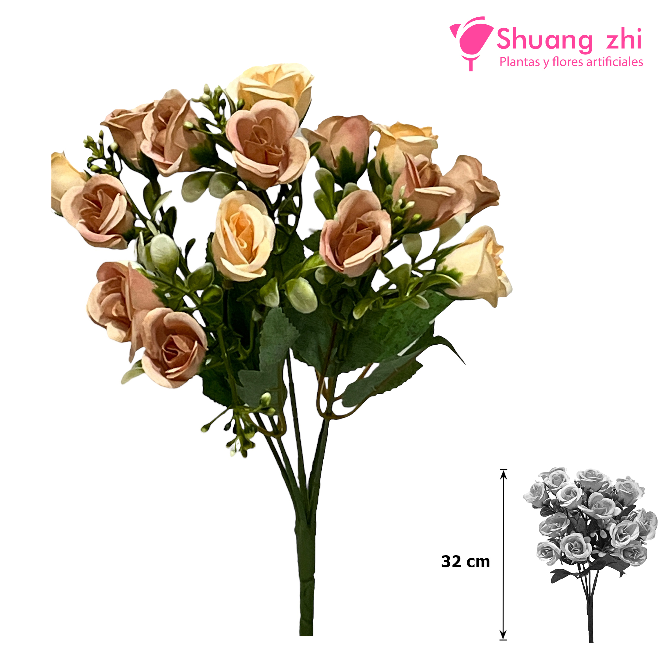 Flor Mini complemento eucalipto 31 CM / 15 cabezas Color Beige