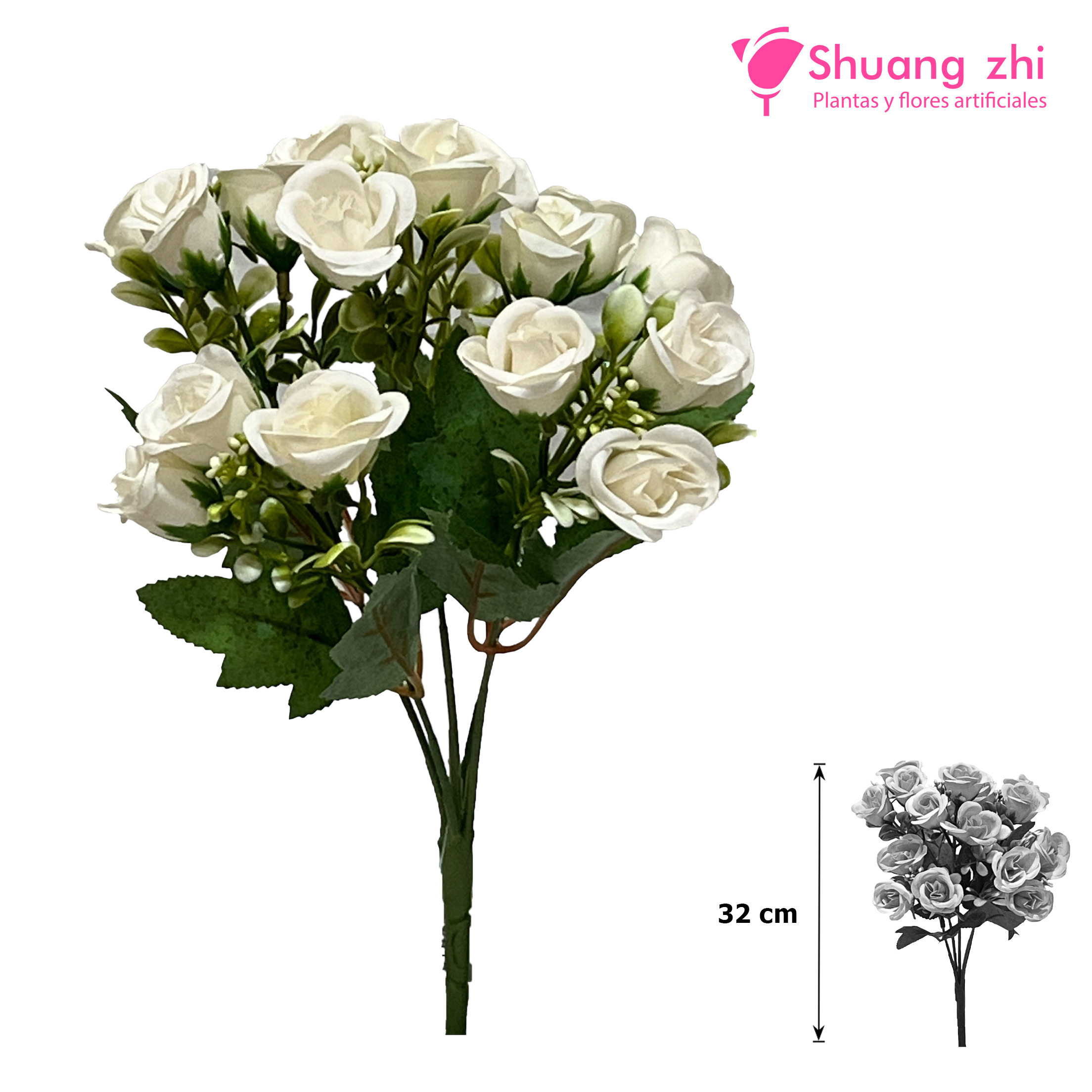 Flor Mini complemento eucalipto 31 CM / 15 cabezas Color Blanco