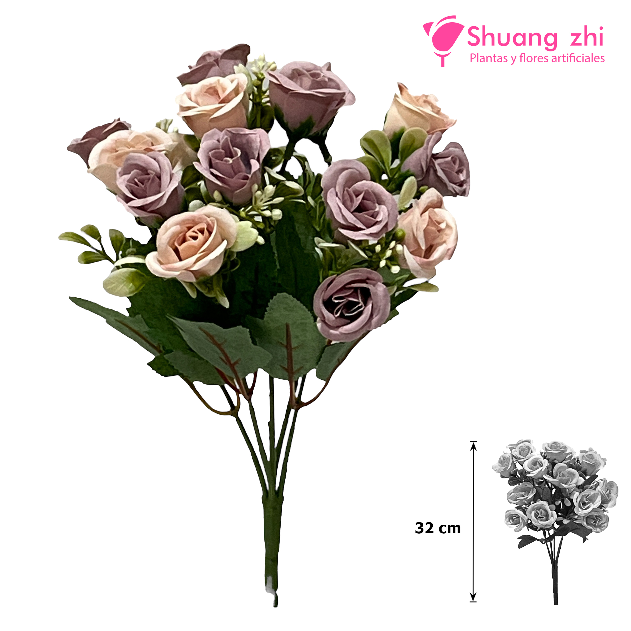 Flor Mini complemento eucalipto 31 CM / 15 cabezas Color Lila/champan