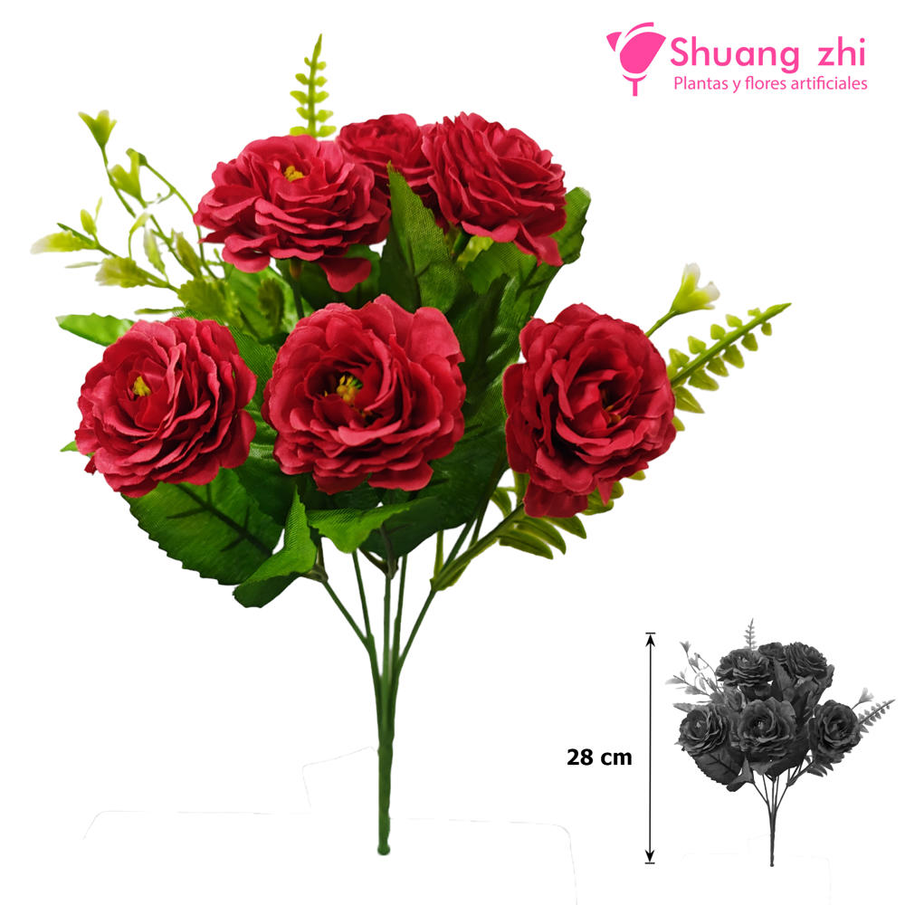 Flor Ramo Mini Rosa 28CM 6 CABEZAS Color Rojo