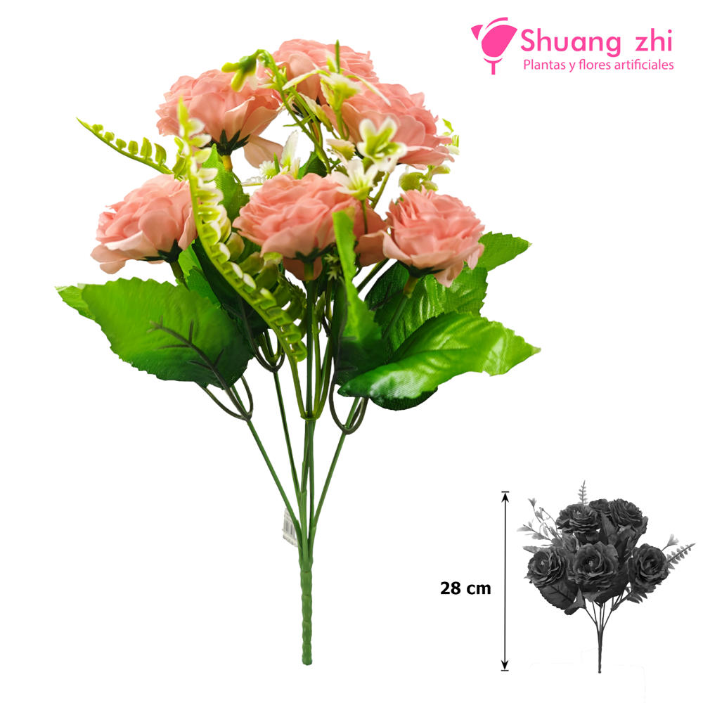 Flor Ramo Mini Rosa 28CM 6 CABEZAS Color Rosa