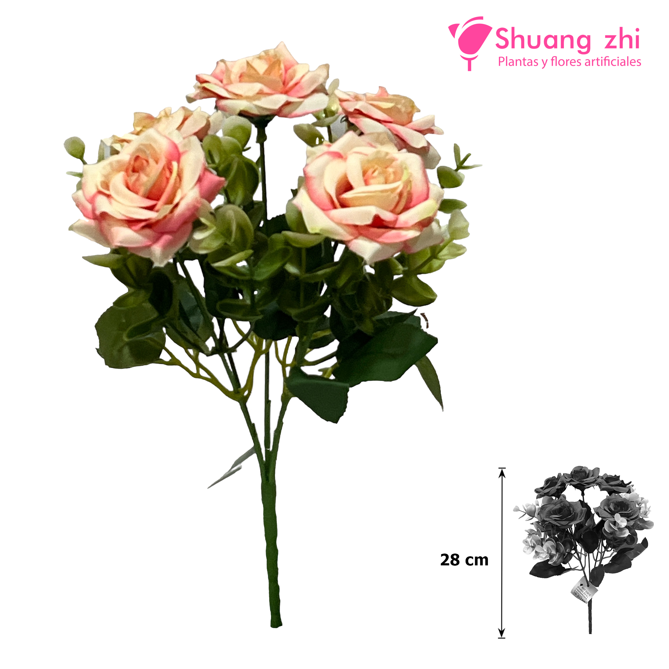 Flor Mini complemento eucalipto 28 CM / 5 cabezas Color Champan