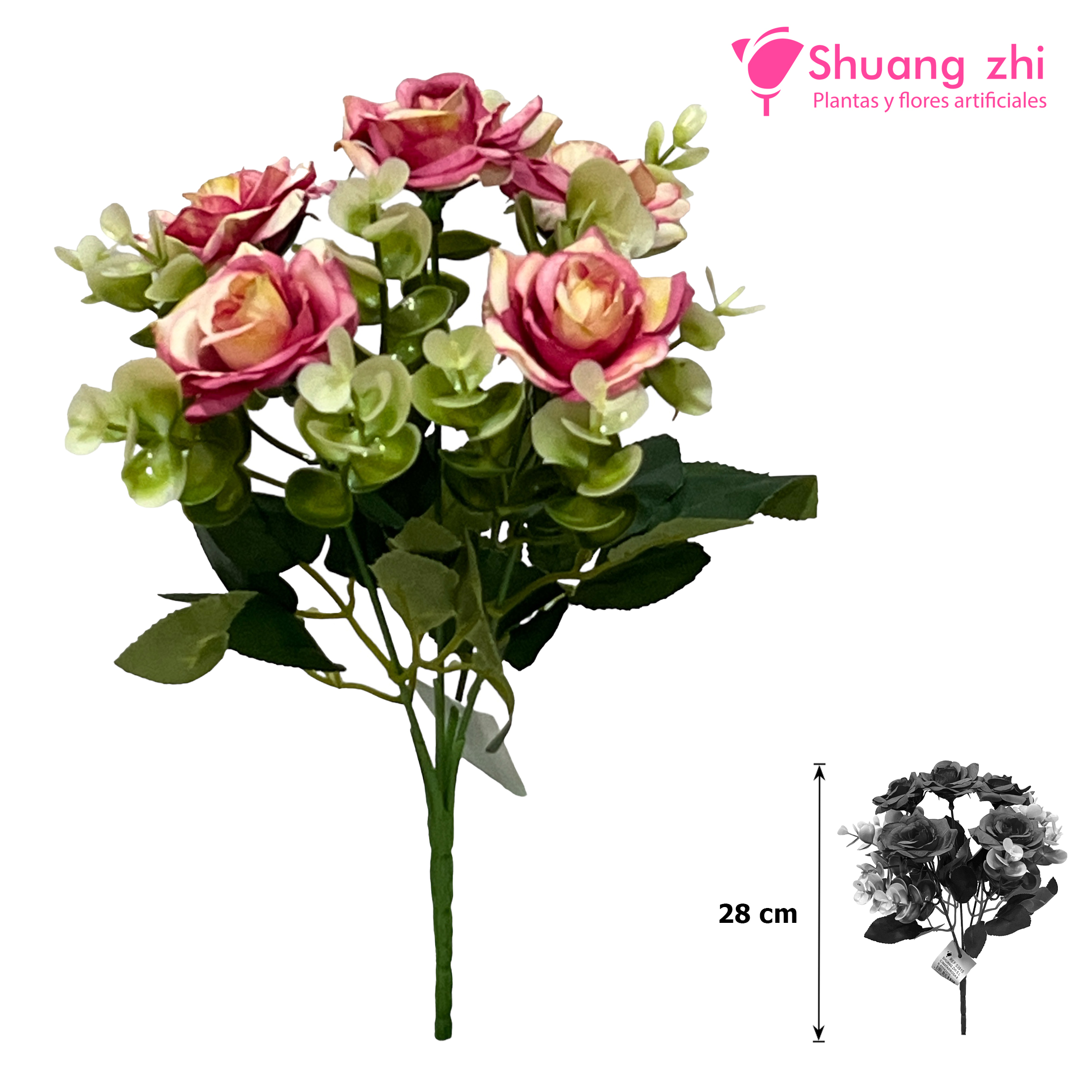 Flor Mini complemento eucalipto 28 CM / 5 cabezas Color Rosa/Beige