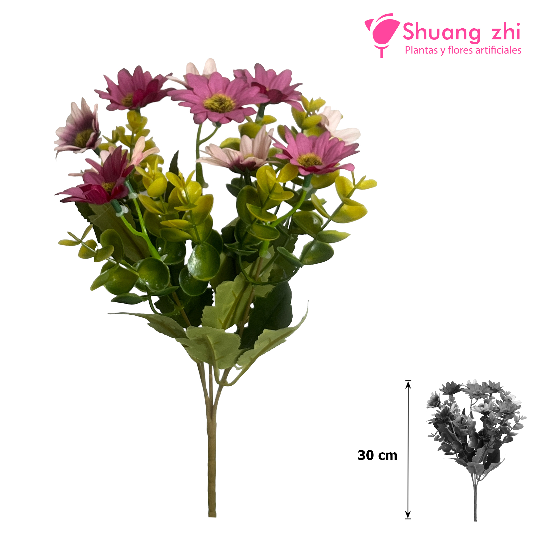 Flor Mini Margaritas 5 Ramas Eucalipto 30CM Color Lila