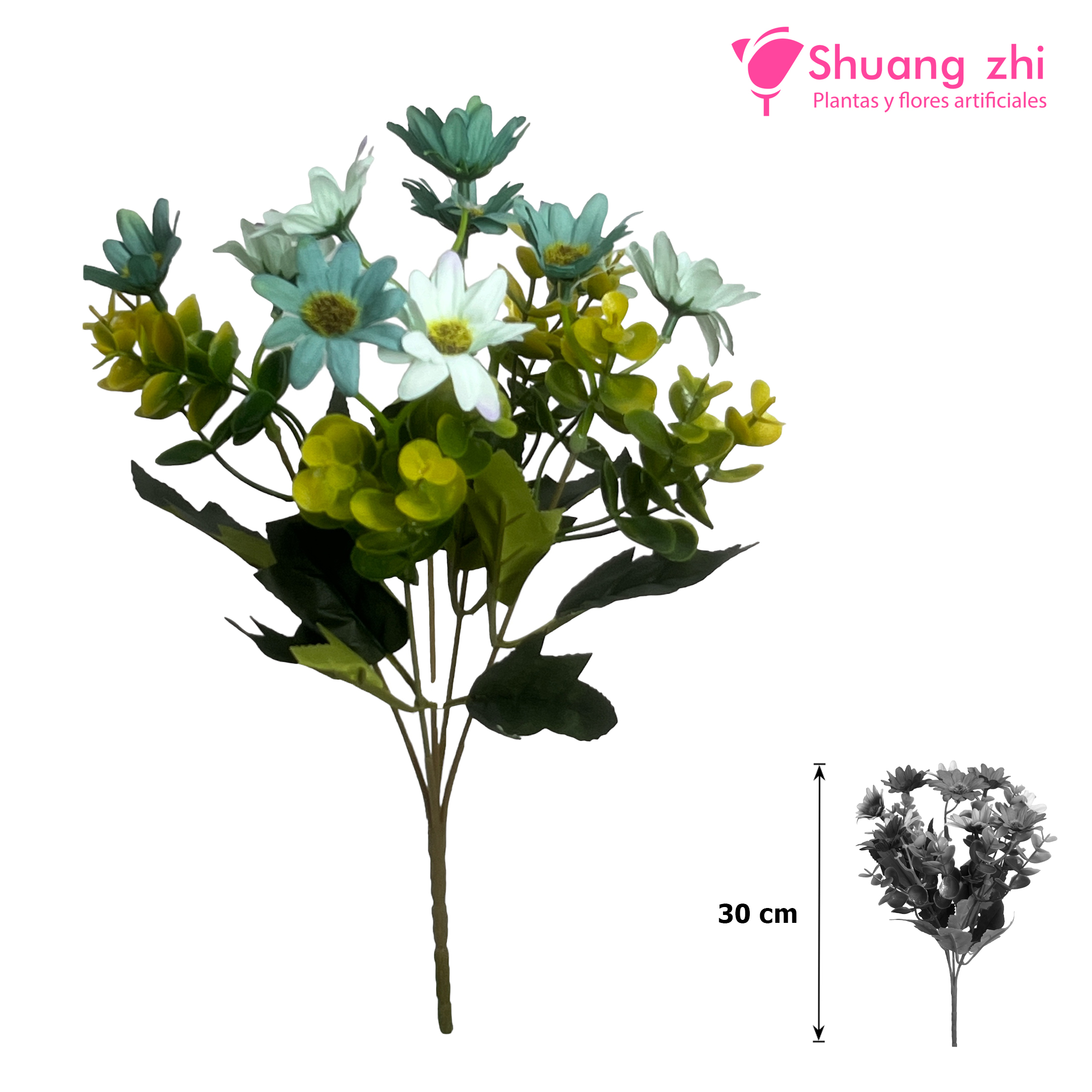 Flor Mini Margaritas 5 Ramas Eucalipto 30CM Color Azul