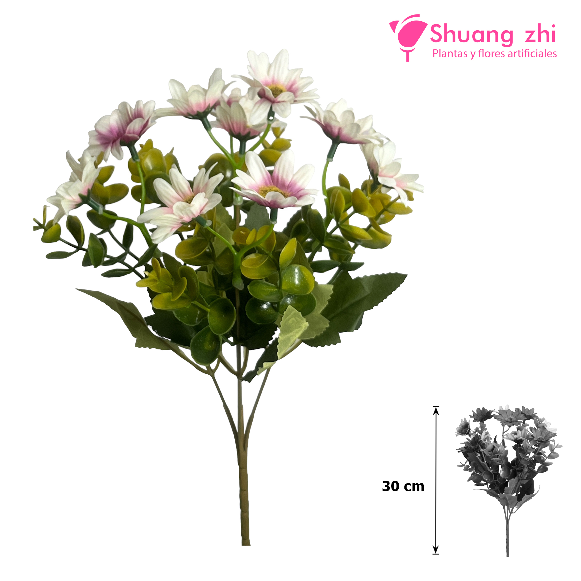 Flor Mini Margaritas 5 Ramas Eucalipto 30CM Color Blanco/rosa