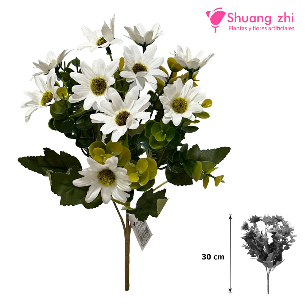 Flor Mini Margaritas 5 Ramas Eucalipto 30CM Color Blanco