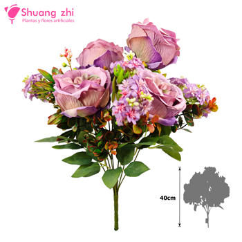 Flor Ramo Bouquet de 9 Ramas 4 Cabezas 40CM Alto Color Lila