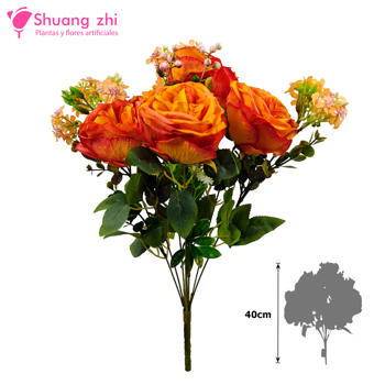 Flor Ramo Bouquet de 9 Ramas 4 Cabezas 40CM Alto Color Naranja