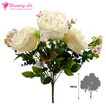 Flor Ramo Bouquet de 9 Ramas 4 Cabezas 40CM Alto Color Beige