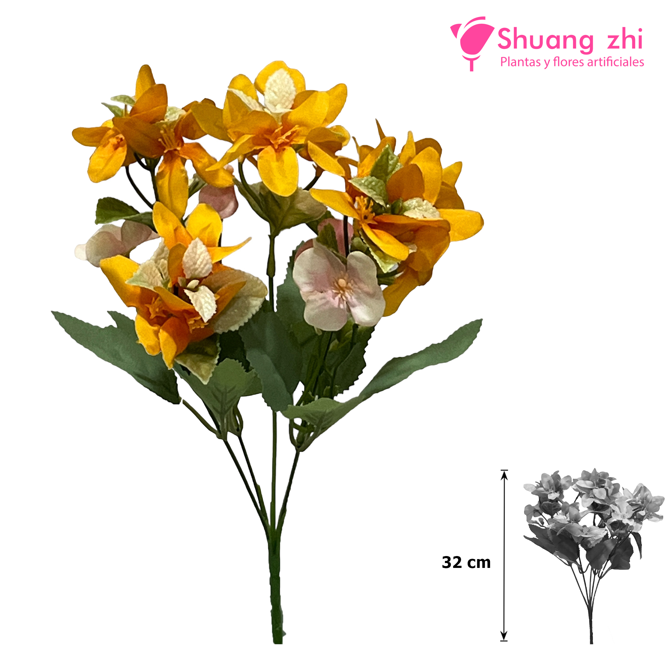 Flor Mini 5 Ramas 32CM Color Naranja
